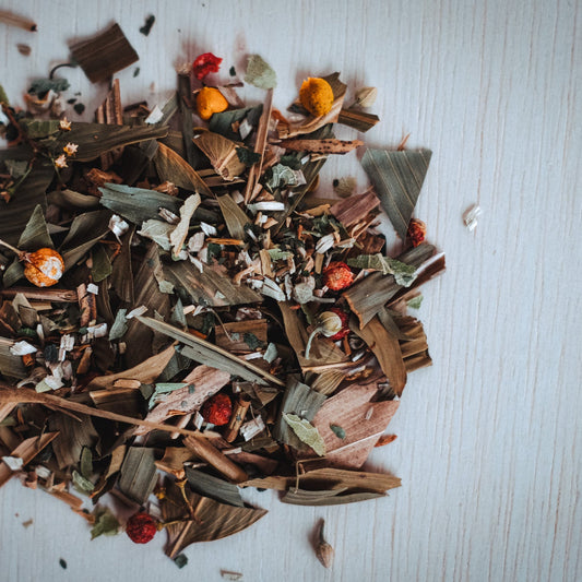 ECA QUIの黒文字ノワールの茶葉はクロモジ、クマザサ、ネムノキ、アンジェリカルート、リンデンを原材料としています。